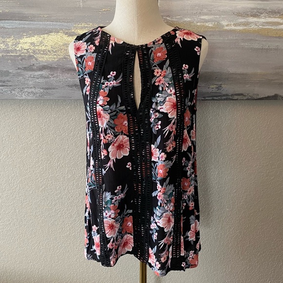 Always Indigo Tops - Floral Dressy Tank Keyhole Detail